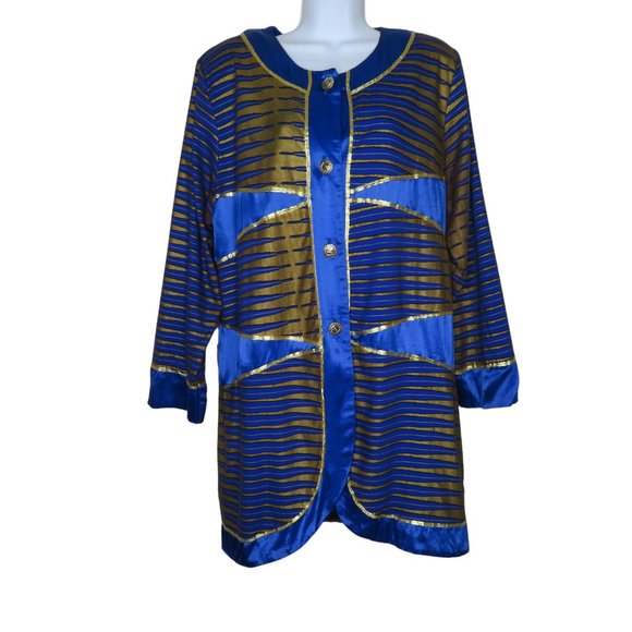 Vintage 70s Mod Coat Jacket L Blue Gold Mid Length Buttons Shoulder Pads Boho - Picture 12 of 15